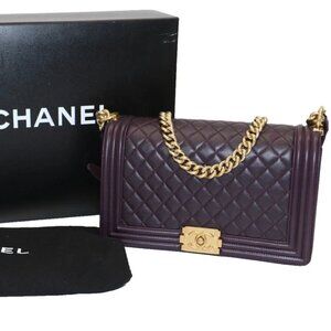 CHANEL Handbag Large Lambskin Quilted Boy Flap Dark Purple - 23314125